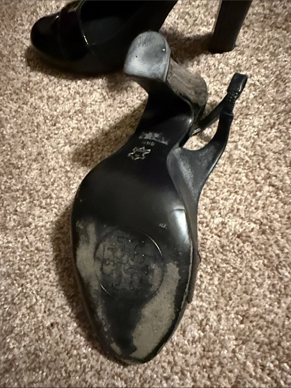 Tory Burch Black Patent Slingback Heels with Gold Logo